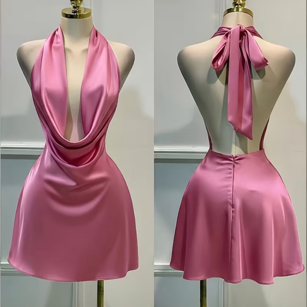 Satin Halter Cowl Neck Pink Mini Dress